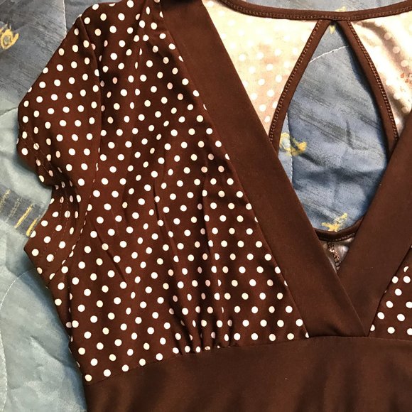 Brown Polka Dot Surplice Dress - Picture 3 of 7